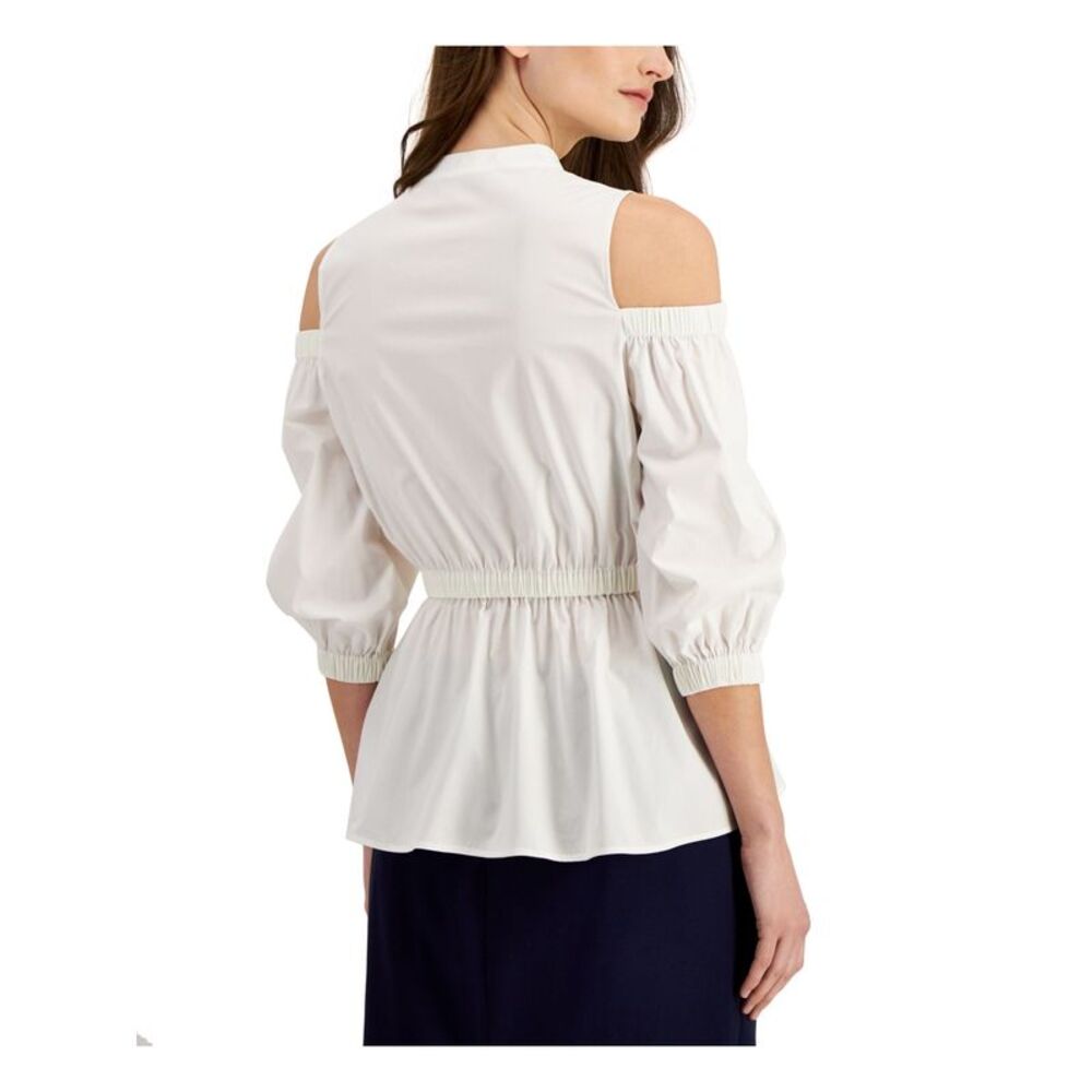DONNA KARAN Womens White Sheer Unlined Pullover 3/4 Sleeve V Neck Peplum Top S - Picture 2 of 3
